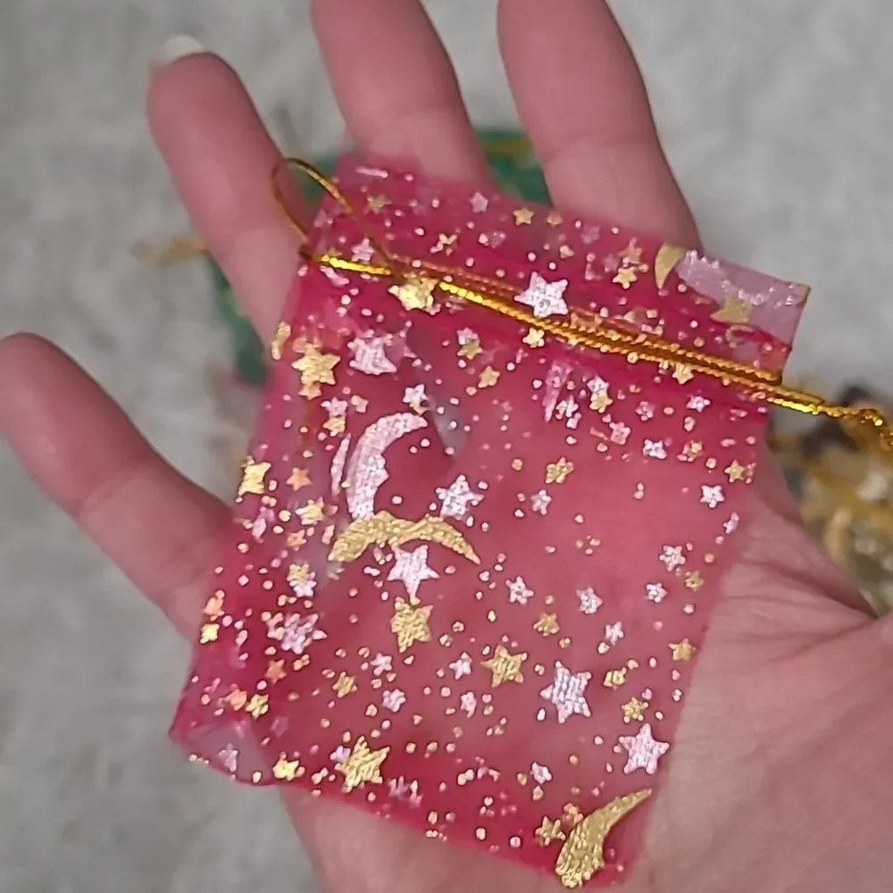 Sheer Organza Gift Bags Drawstring XSmall Metallic Stars Gold pink Colors Cinch